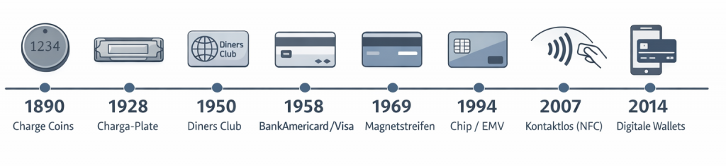 Timeline mit Meilensteinen der Kartenzahlung von frühen Kundenmarken bis zur digitalen Wallet
