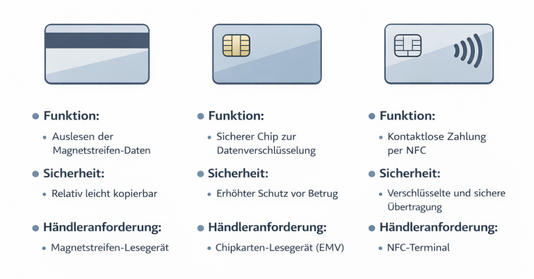 Vergleich von Magnetstreifen, Chip und kontaktloser Kartenzahlung mit Händlerhinweisen