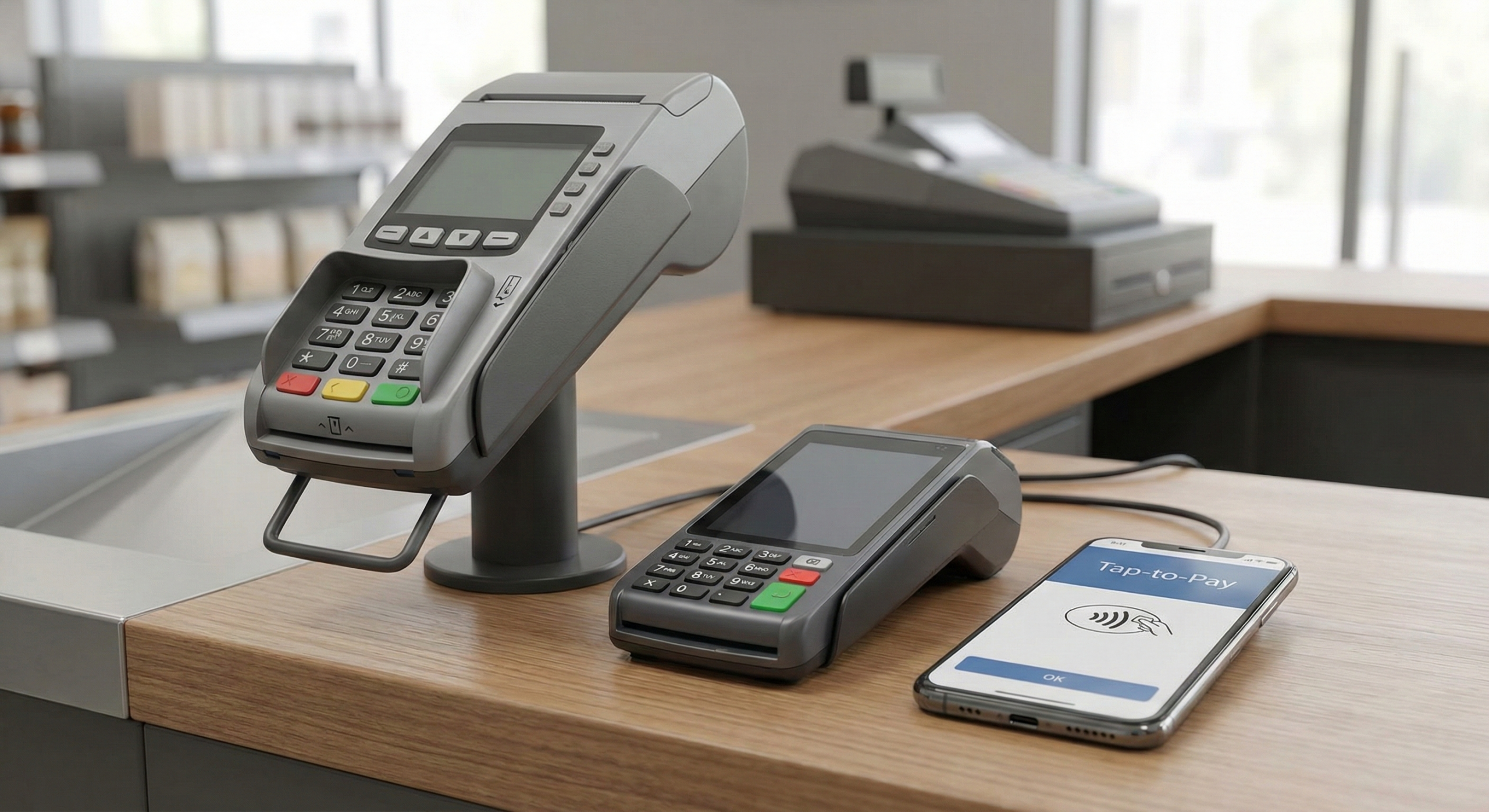 Stationäres Terminal, mobiles Terminal und Smartphone als SoftPOS nebeneinander am Kassenplatz