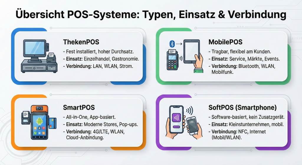 Übersicht: ThekenPOS, MobilePOS, SmartPOS und SoftPOS Kartenterminal im Vergleich.