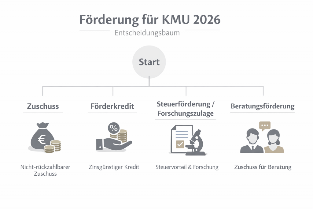 Entscheidungsbaum: Welche Förderart passt zum KMU-Projekt 2026?