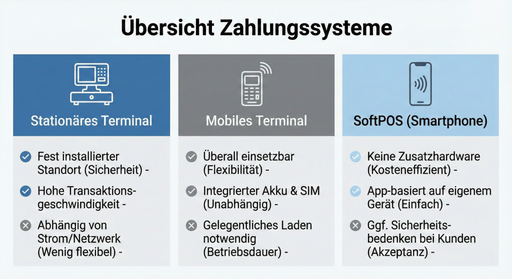 Vergleich stationäres Terminal, mobiles Terminal und SoftPOS