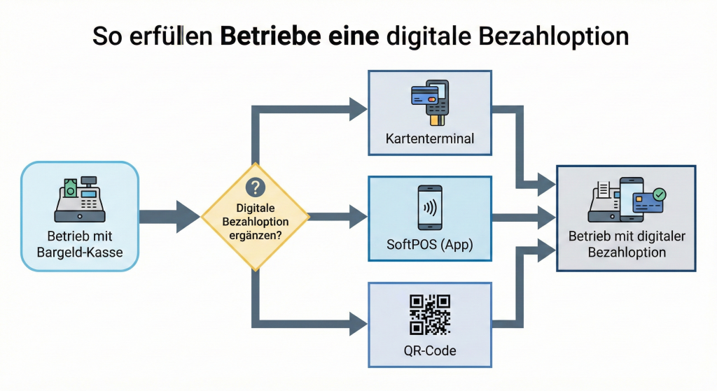 Ablaufdiagramm: Wege zur digitalen Bezahloption im Handel und in der Gastronomie