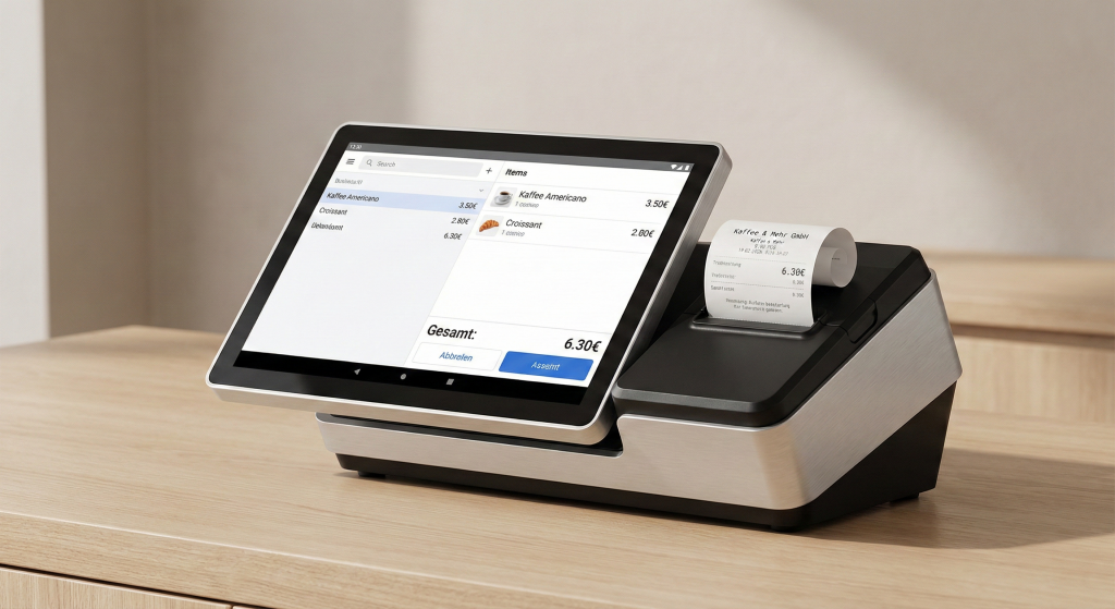SumUp Terminal als SmartPOS mit Touchscreen und integriertem Bondrucker auf einer Ladentheke