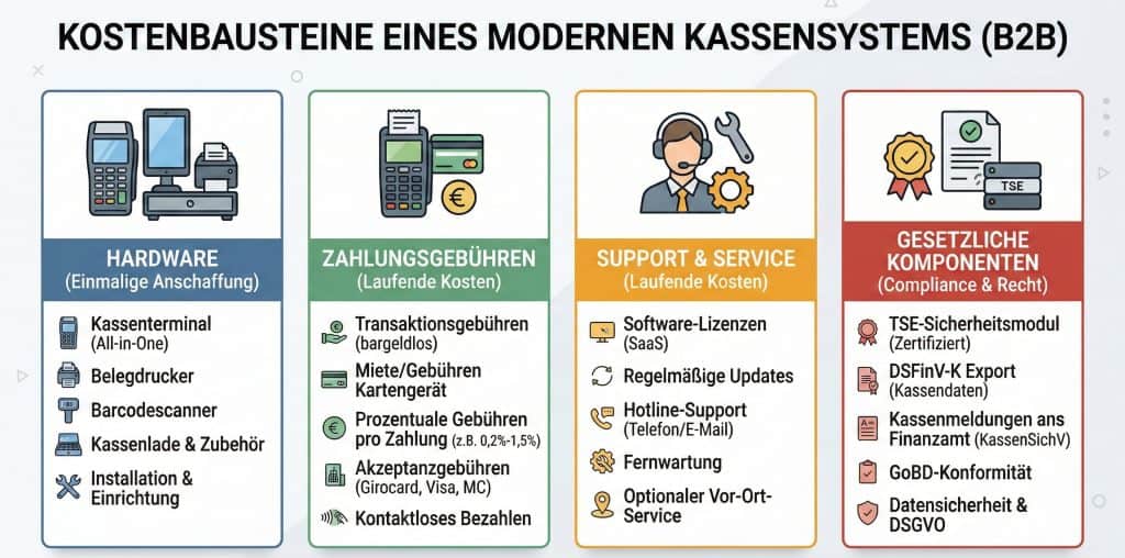 Infografik zu typischen Kostenbausteinen eines Kassensystems: Hardware, Zahlungsgebühren, Service und rechtliche Anforderungen wie TSE.