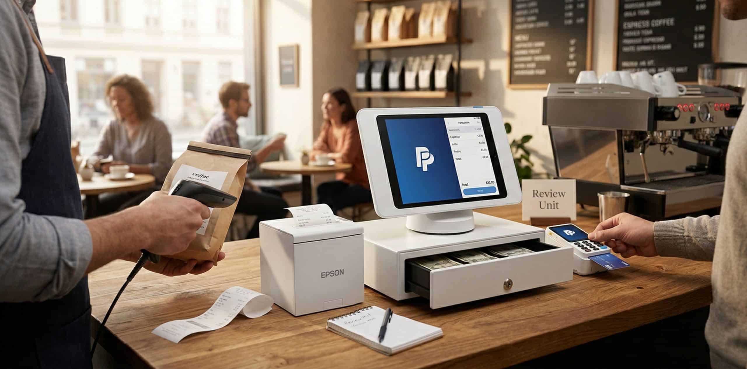 Komplettes iPad-Kassensystem-Setup mit Bondrucker, Kassenlade und Kartenleser