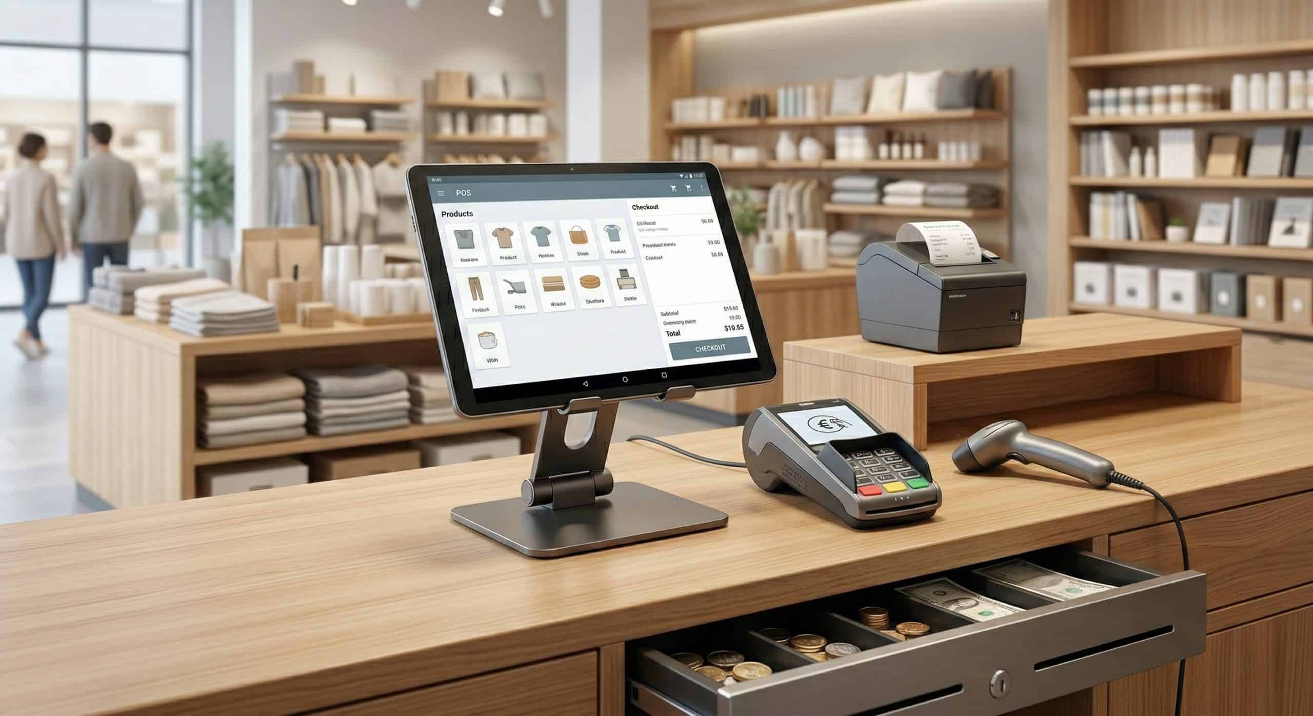 Theken-Setup mit Tablet-Kassensystem und Kartenterminal.“ Caption: „Typisches POS-Setup: Kasse am Tablet und Kartenzahlung am Terminal.