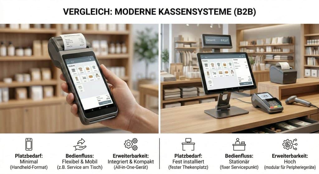 Vergleich zwischen mobilem SmartPOS-Setup und stationärer Kasse mit Kundendisplay.