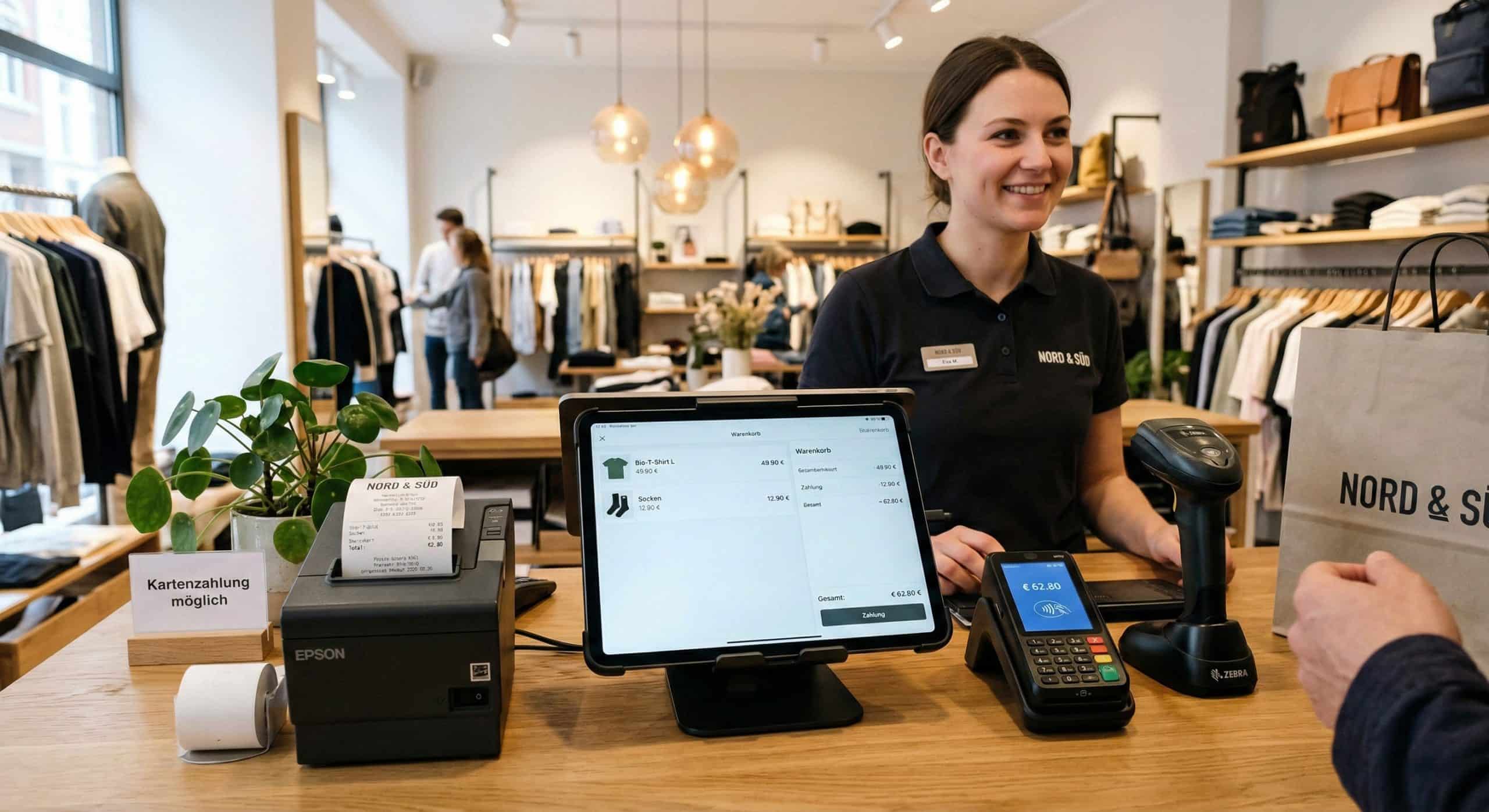 Kassentheke mit Tablet-Kasse, Kartenleser und Bondrucker als typisches Shopify-POS-Setup im Einzelhandel
