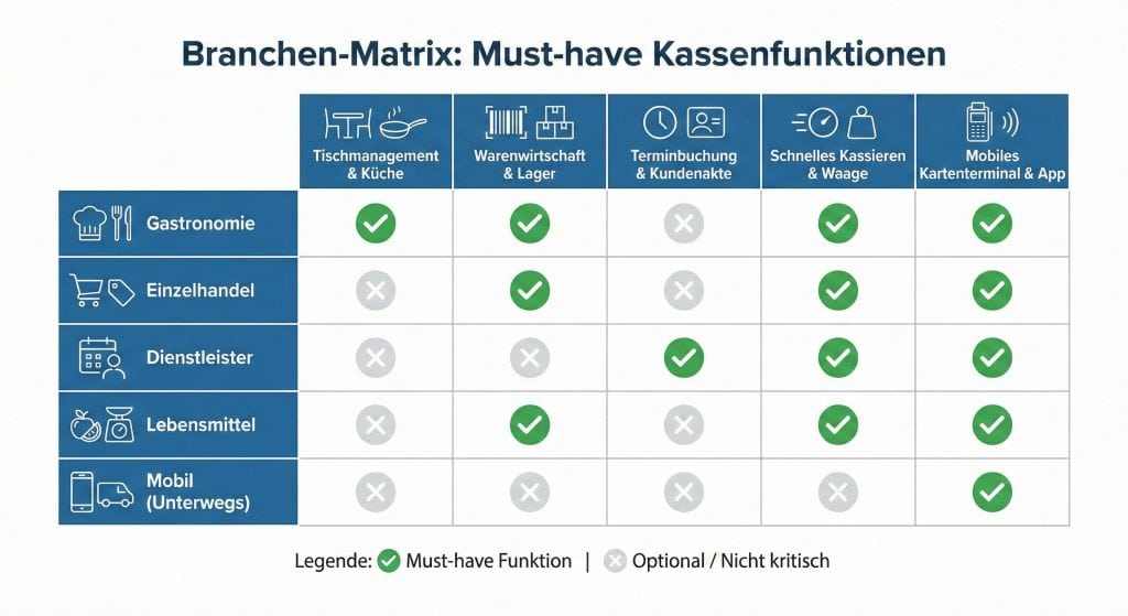 Anforderungen an Kassensysteme nach Branche als Funktionsmatrix