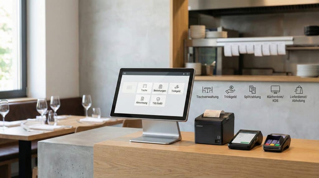 Kassensystem im Restaurant mit Touchscreen, Bondrucker und Kartenterminal
