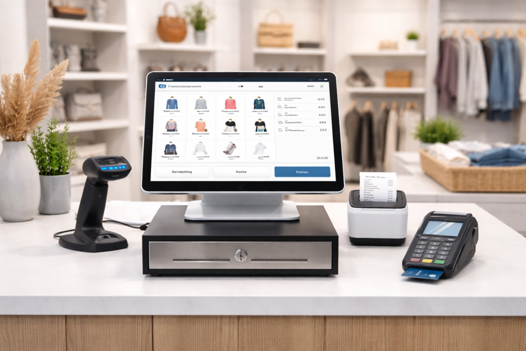 Moderner Kassenplatz mit Scanner, Drucker und Kartenterminal