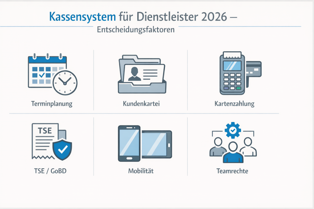 Infografik mit Auswahlkriterien für ein Kassensystem für Dienstleister 2026