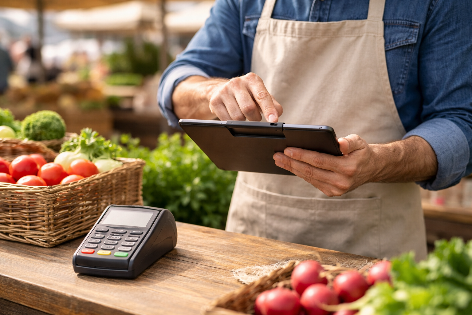 Mobiles Kassensystem am Wochenmarkt mit Tablet und Kartenterminal