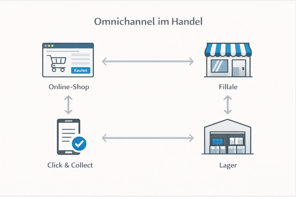 Omnichannel-Übersicht mit Online-Shop, Filiale und Lager