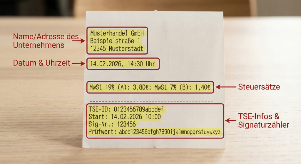 Kassenbon-Mockup mit markierten Pflichtangaben für die Bonpflicht