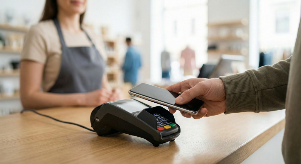 Kontaktlose Kartenzahlung am Kartenterminal im Einzelhandel