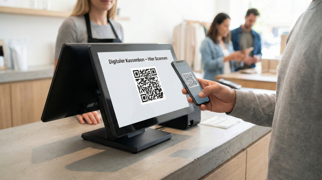 Kundin scannt QR-Code am Kundendisplay für den digitalen Kassenbon