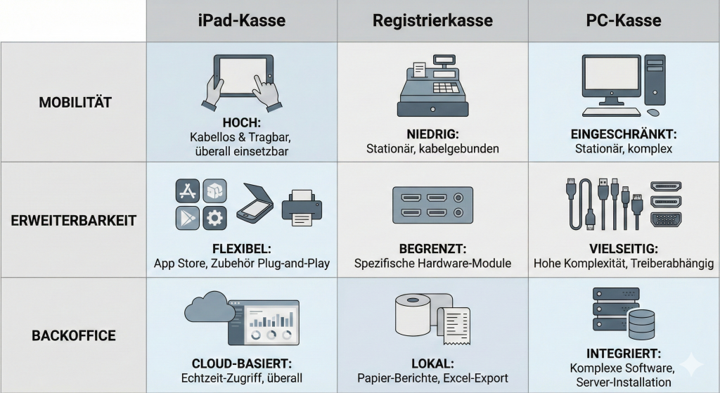 Vergleich iPad Kassensystem, Registrierkasse und PC-Kasse