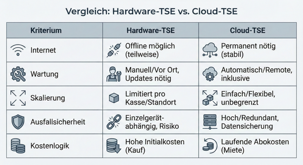 Vergleich Hardware‑TSE und Cloud‑TSE nach zentralen Kriterien