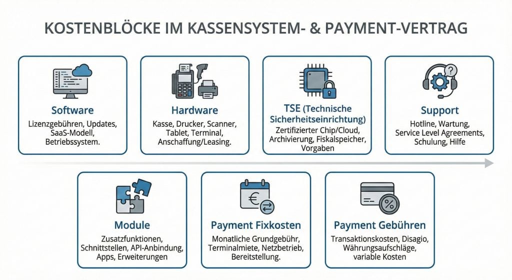 Infografik zeigt typische Kostenblöcke in Kassensystem- und Payment-Verträgen.