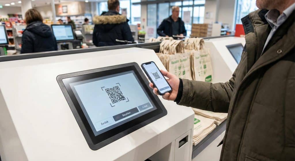 Kunde scannt QR-Code an der Kasse für eine Konto-zu-Konto-Zahlung per Wallet.