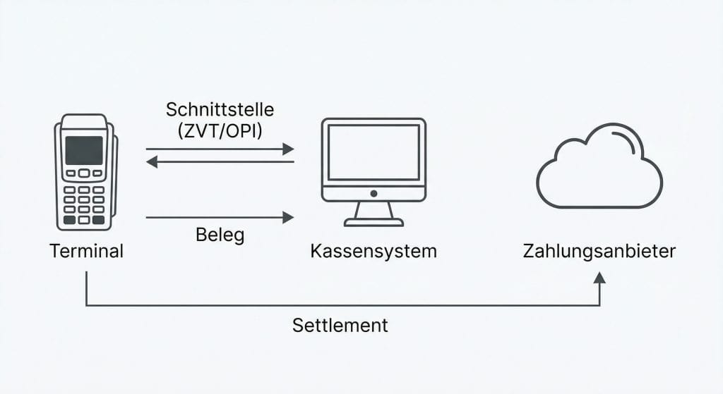 Schema: Kartenterminal mit Kassensystem-Anbindung und Zahlungsanbieter, inklusive Schnittstelle und Belegfluss