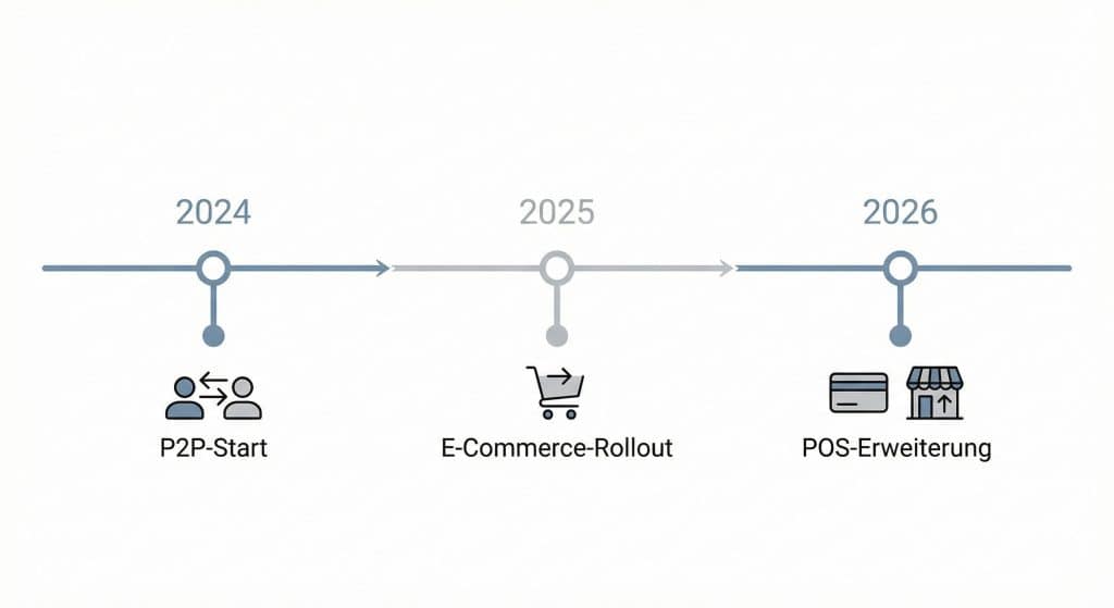 Zeitstrahl zur schrittweisen Einführung von Wero von P2P bis Händlerzahlungen.