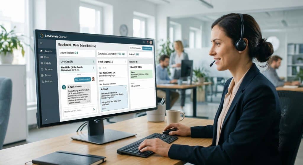 KI-Agent im Kundenservice bearbeitet Anfragen und Retouren in einem Händler-Dashboard