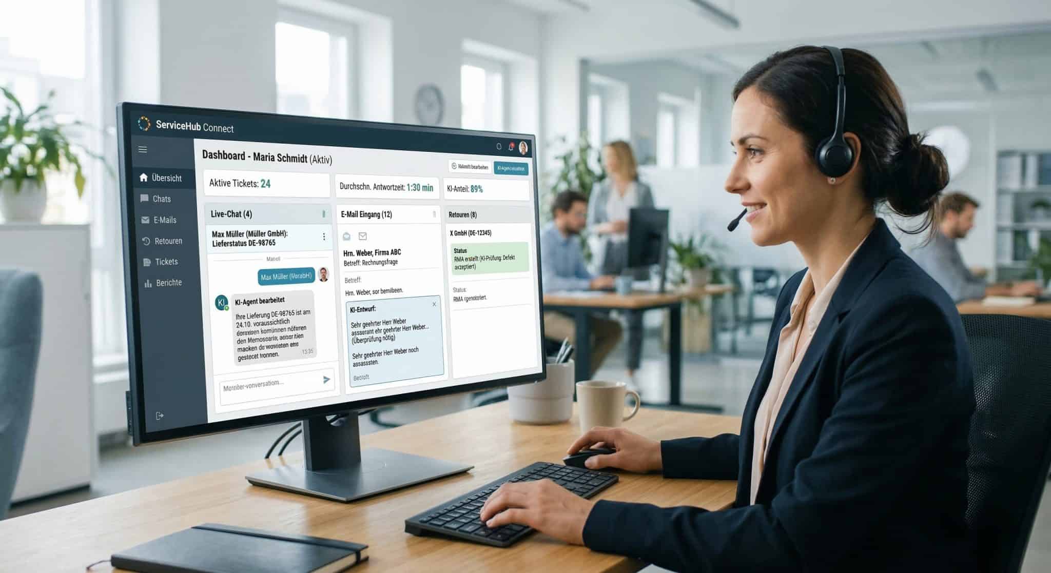 KI-Agent im Kundenservice bearbeitet Anfragen und Retouren in einem Händler-Dashboard