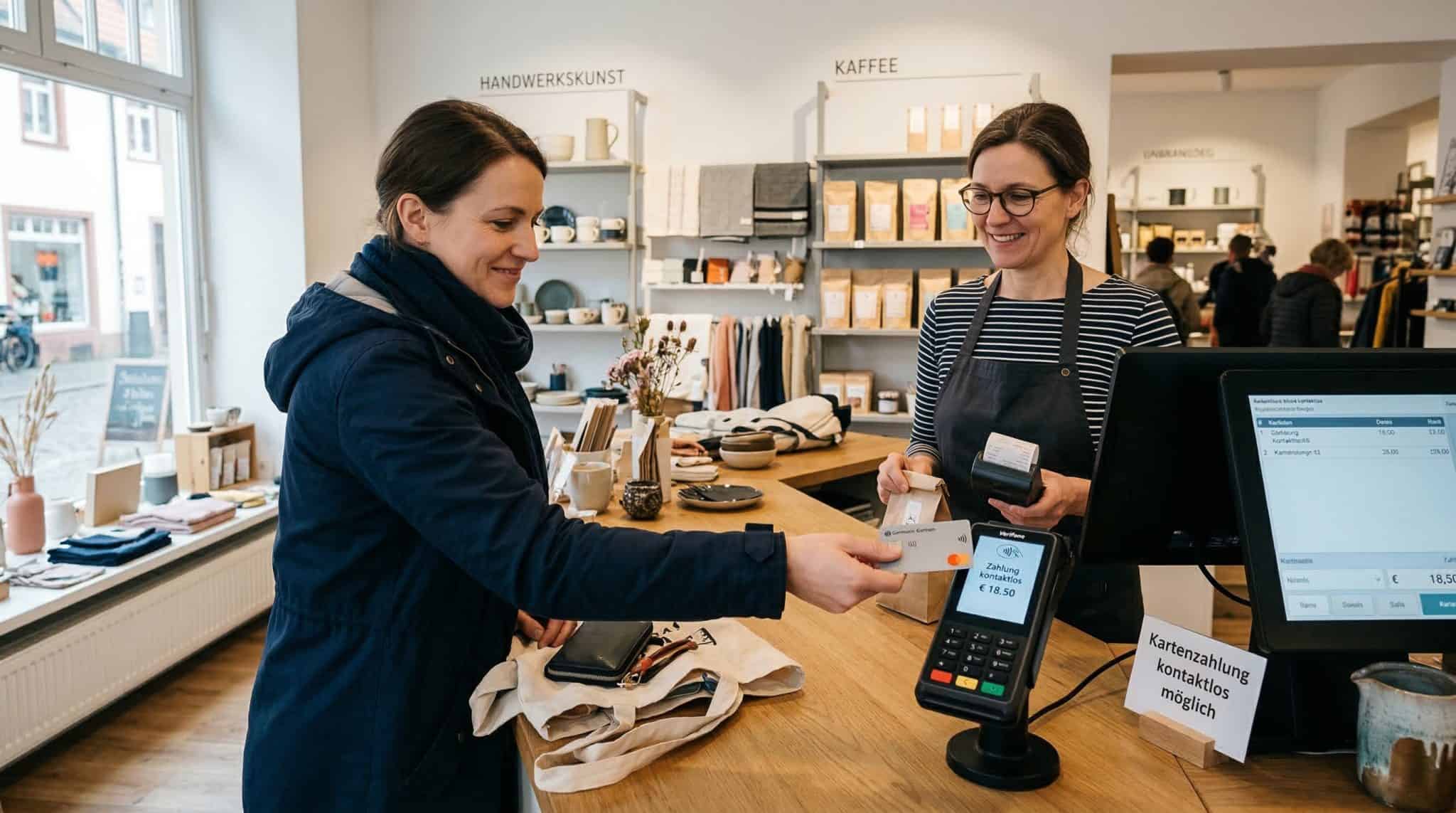 Kleines Geschäft mit Kartenterminal an der Theke bei einer kontaktlosen Zahlung.