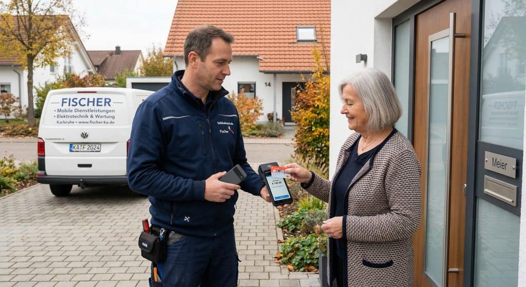 Mobiler Dienstleister mit Smartphone oder mobilem Kartenterminal im Außeneinsatz