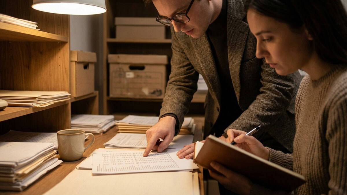 Zwei Mitarbeiter prüfen ausgedruckte Kassenabrechnungen im Büro nach Offline-Betrieb